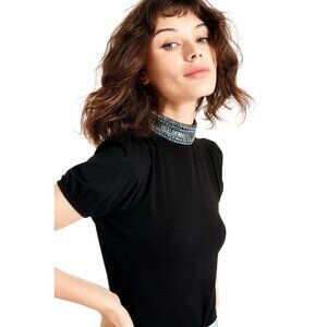 Emily Shalant Black Silver Jewel Crystal Mock Neck Jersey Top NWT $430, Size S